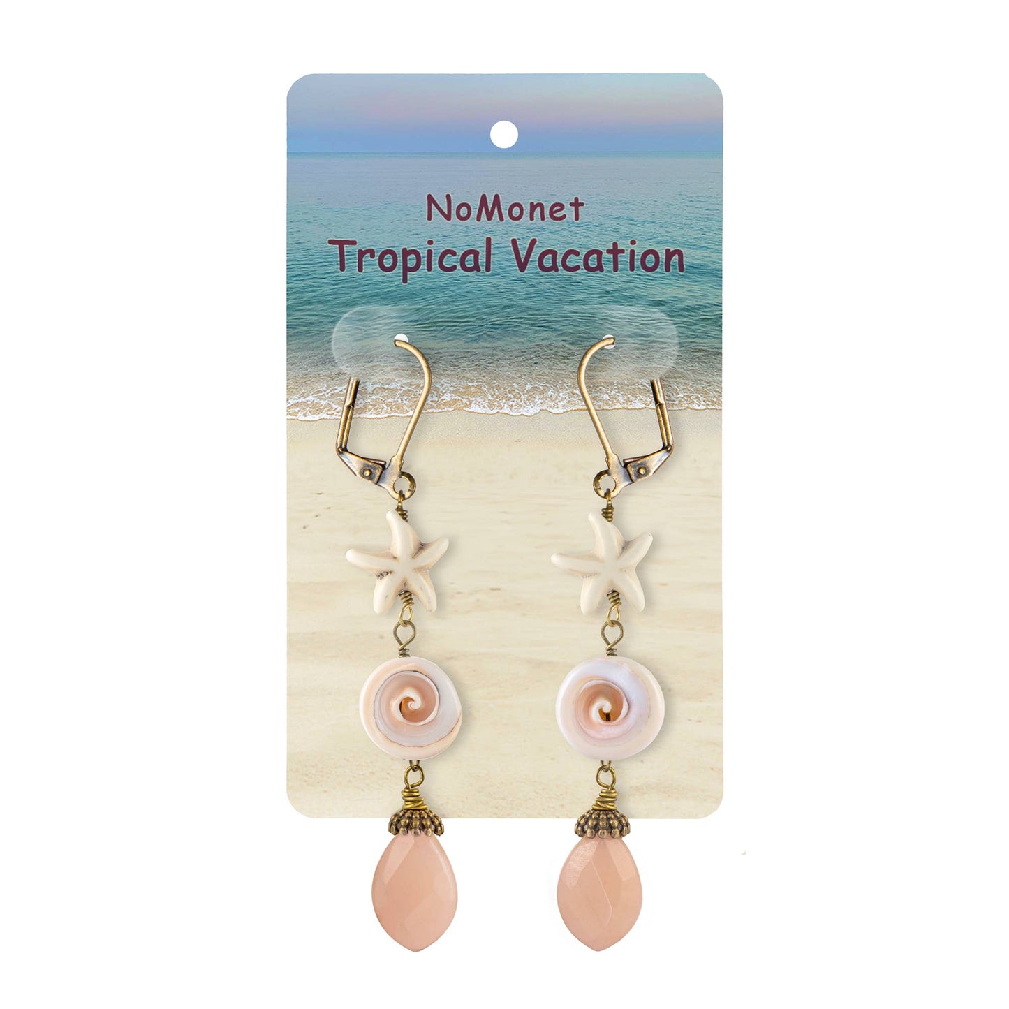 Starfish, Real Shell, Peach Drop Earrings - Tropical Vacation