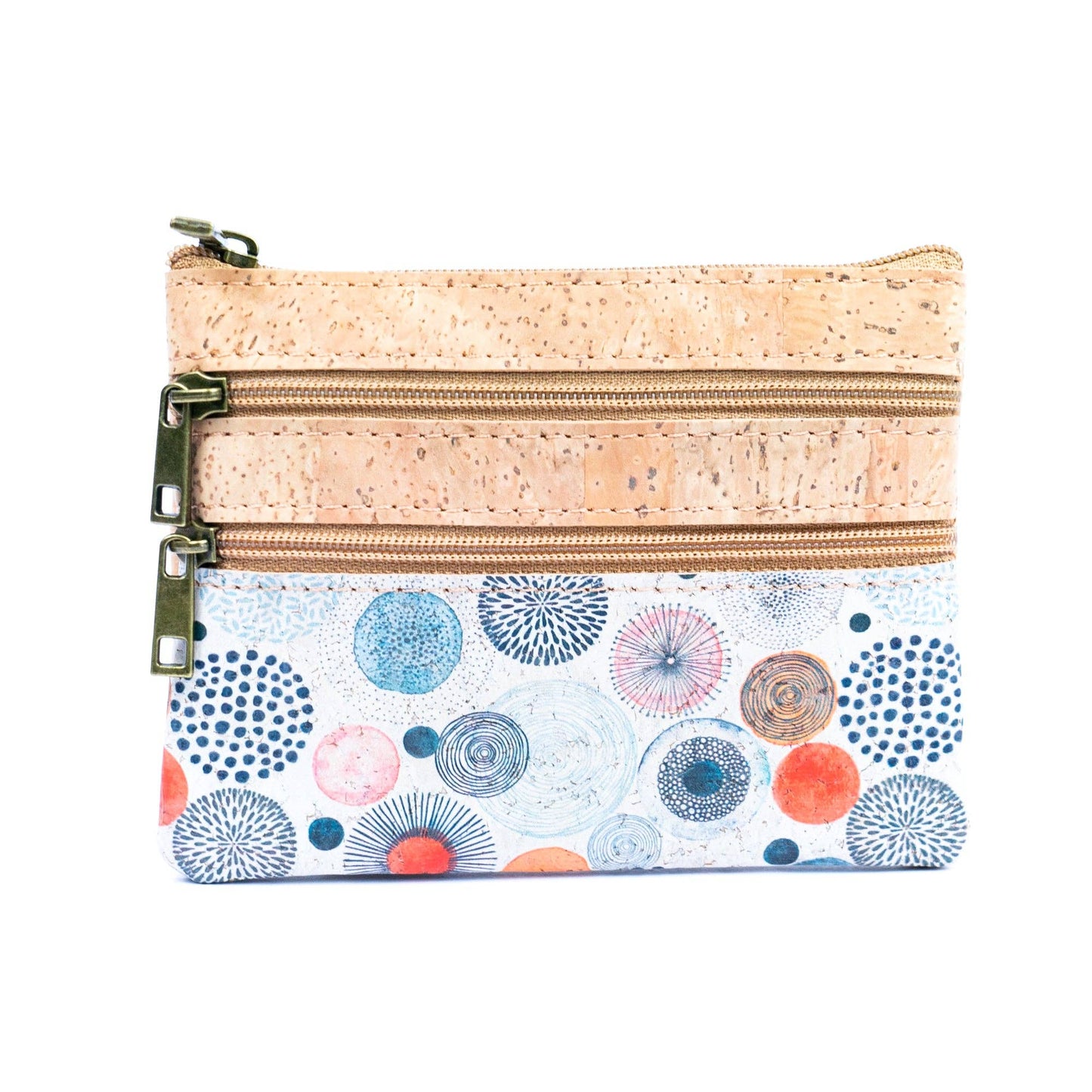 Chic Printed Cork Mini Wallet with Triple Zippers
