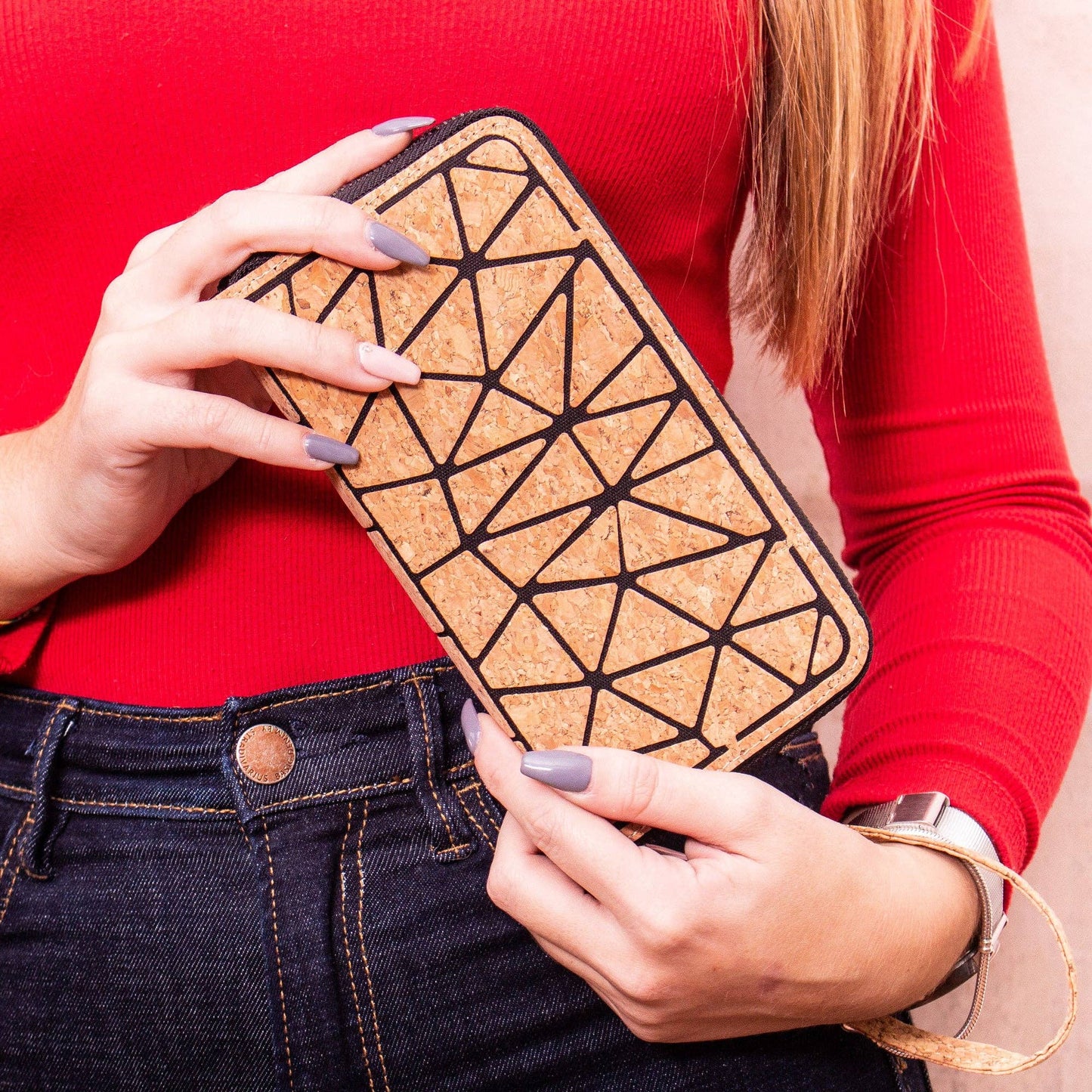 Geometric Cork-Over Zipper Wallet