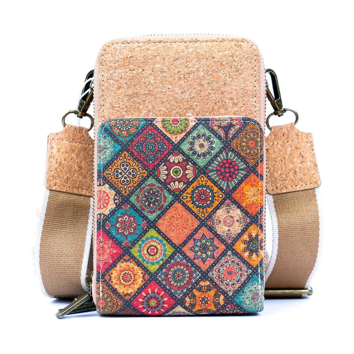 Natural Cork Crossbody Phone Bag with Triple Zipper Design