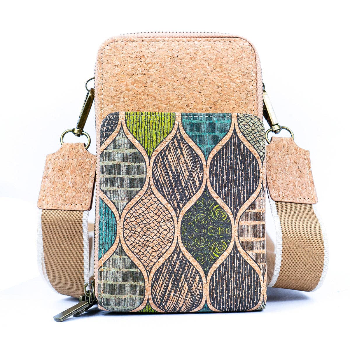 Natural Cork Crossbody Phone Bag with Triple Zipper Design