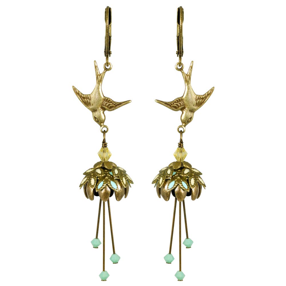 Floral Bird Hand Painted Earrings w/ Crystals - Flower Fairy