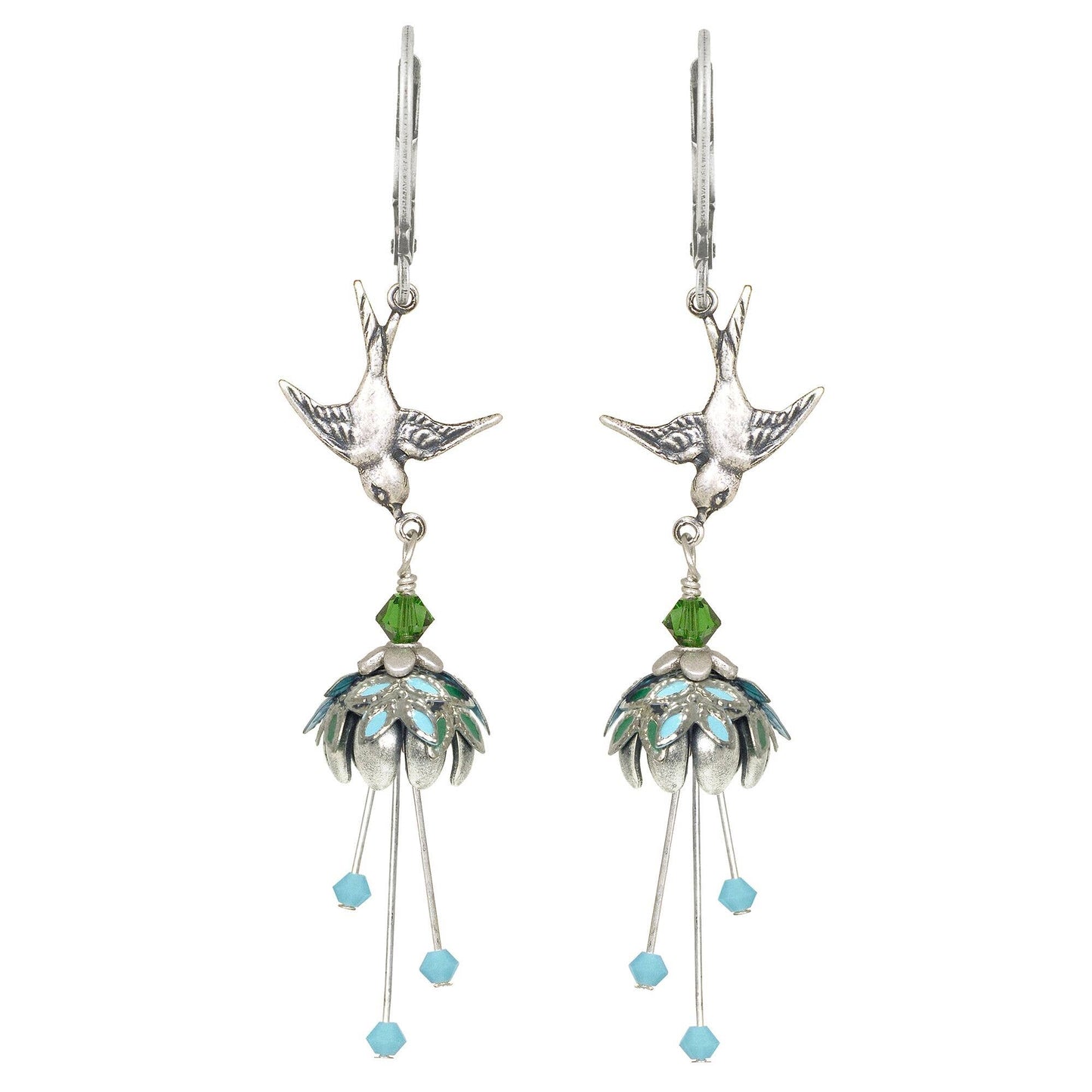 Floral Bird Hand Painted Earrings w/ Crystals - Flower Fairy