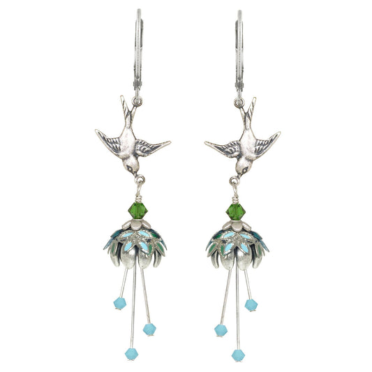 Floral Bird Hand Painted Earrings w/ Crystals - Flower Fairy