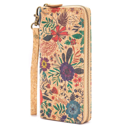 Natural cork with flower pattern zipper women wallet