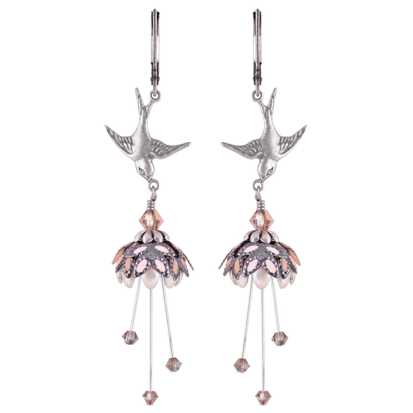 Floral Bird Hand Painted Earrings w/ Crystals - Flower Fairy