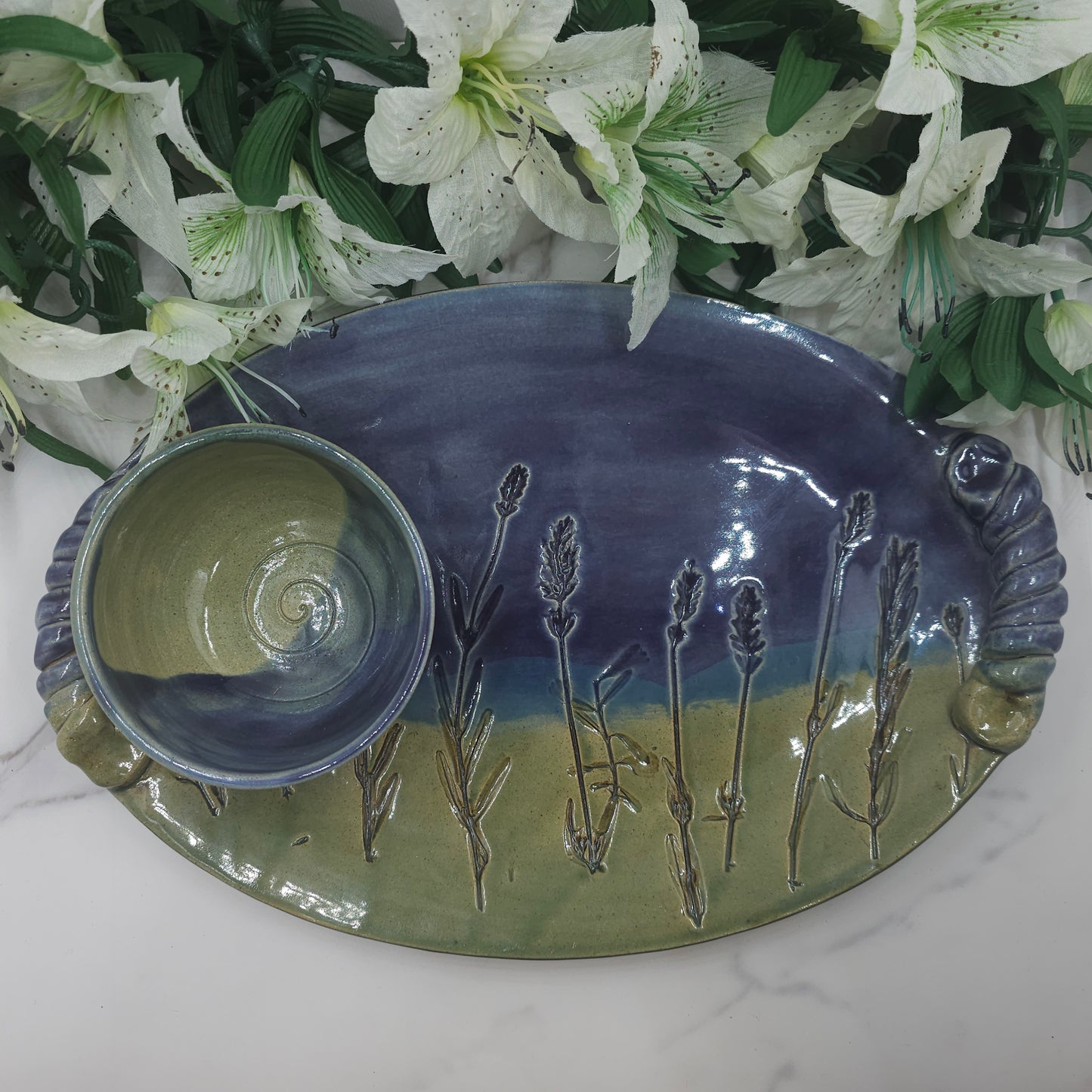 Medium Platter W/DIP Bowl Branches handmade pottery