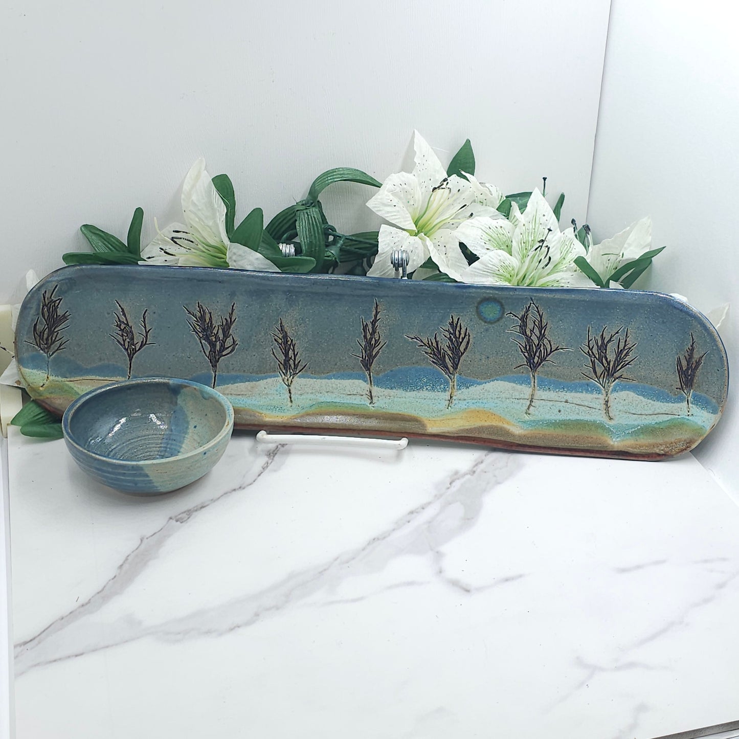 Long Tray W/DIP Bowl Branches handmade pottery