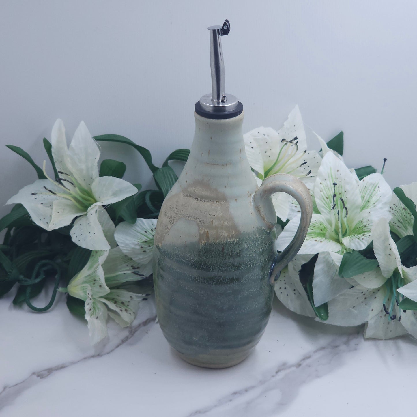 Olive Oil  Bottle w/leaves handmade pottery