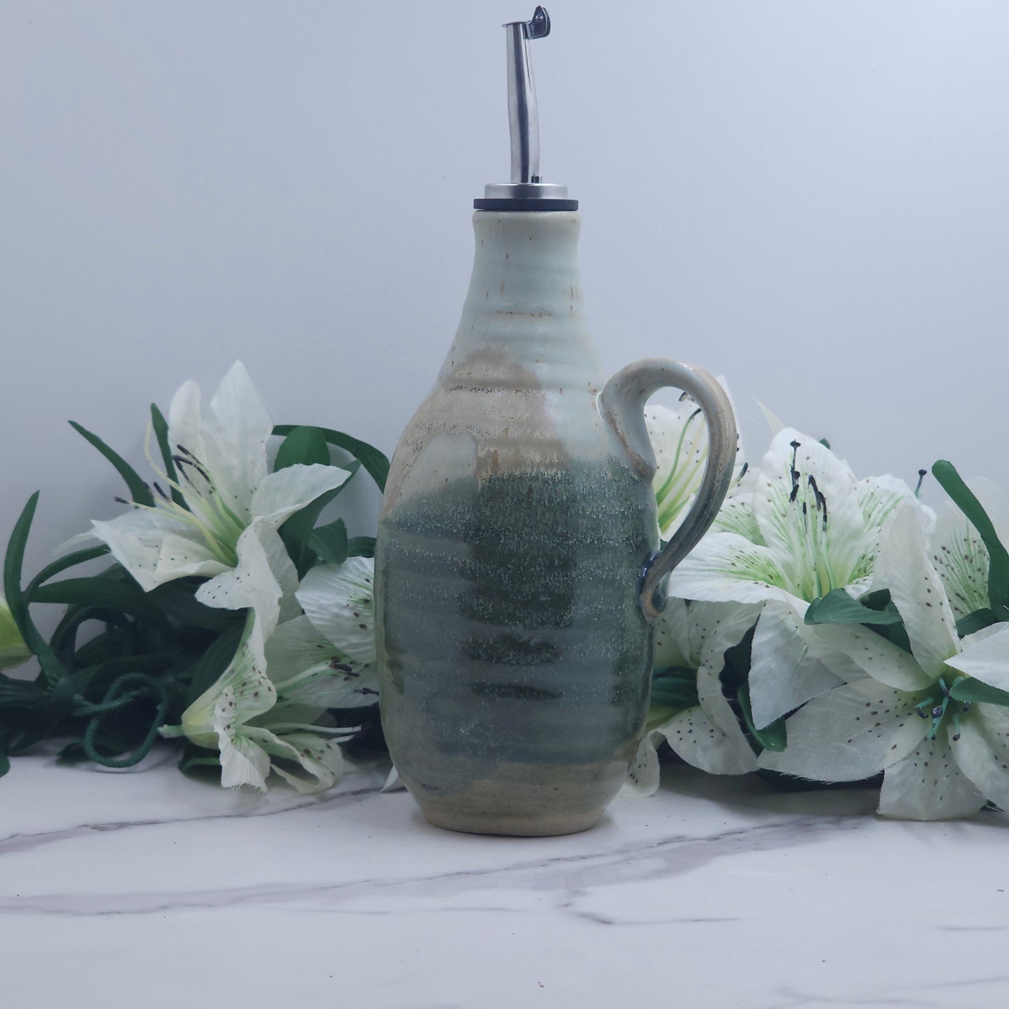 Olive Oil Bottle w/leaves handmade pottery