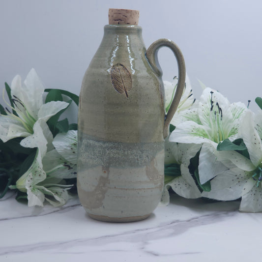 Cork lid Bottle w/leaves handmade pottery