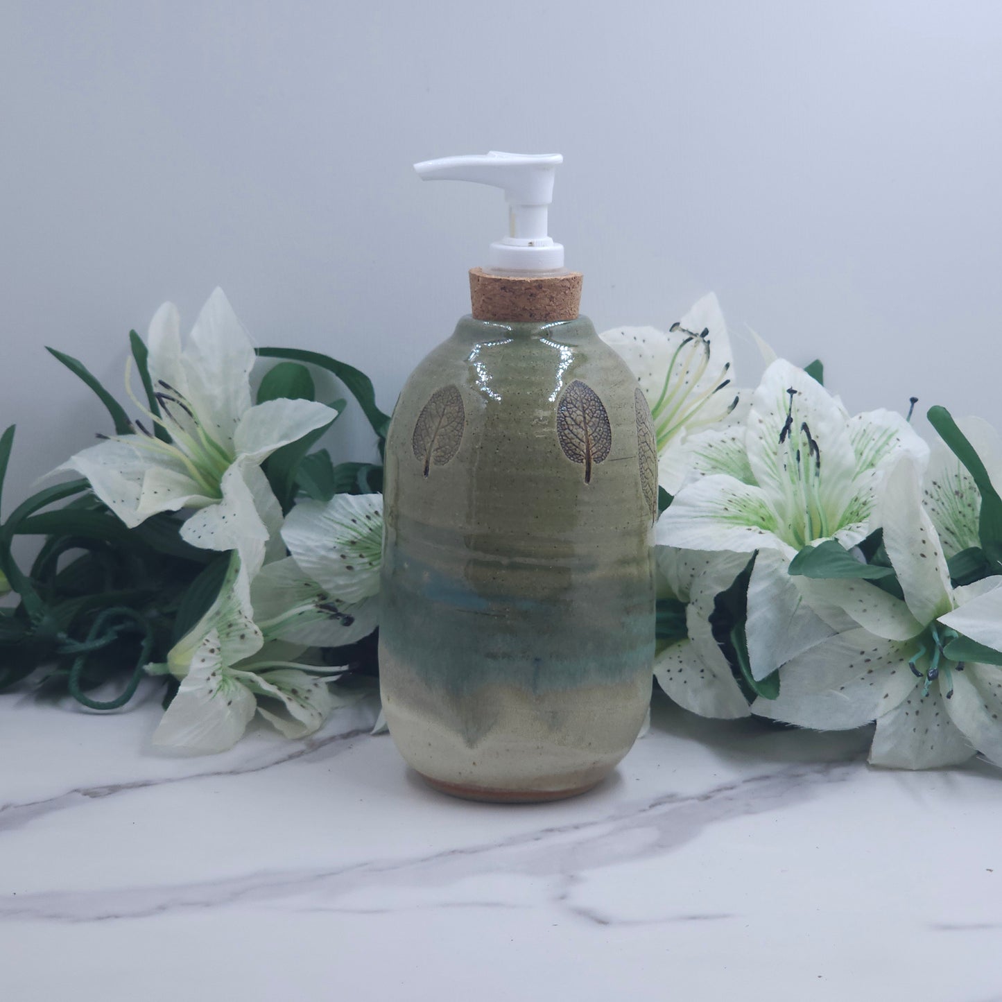 Soap Dispenser w/leaves handmade pottery