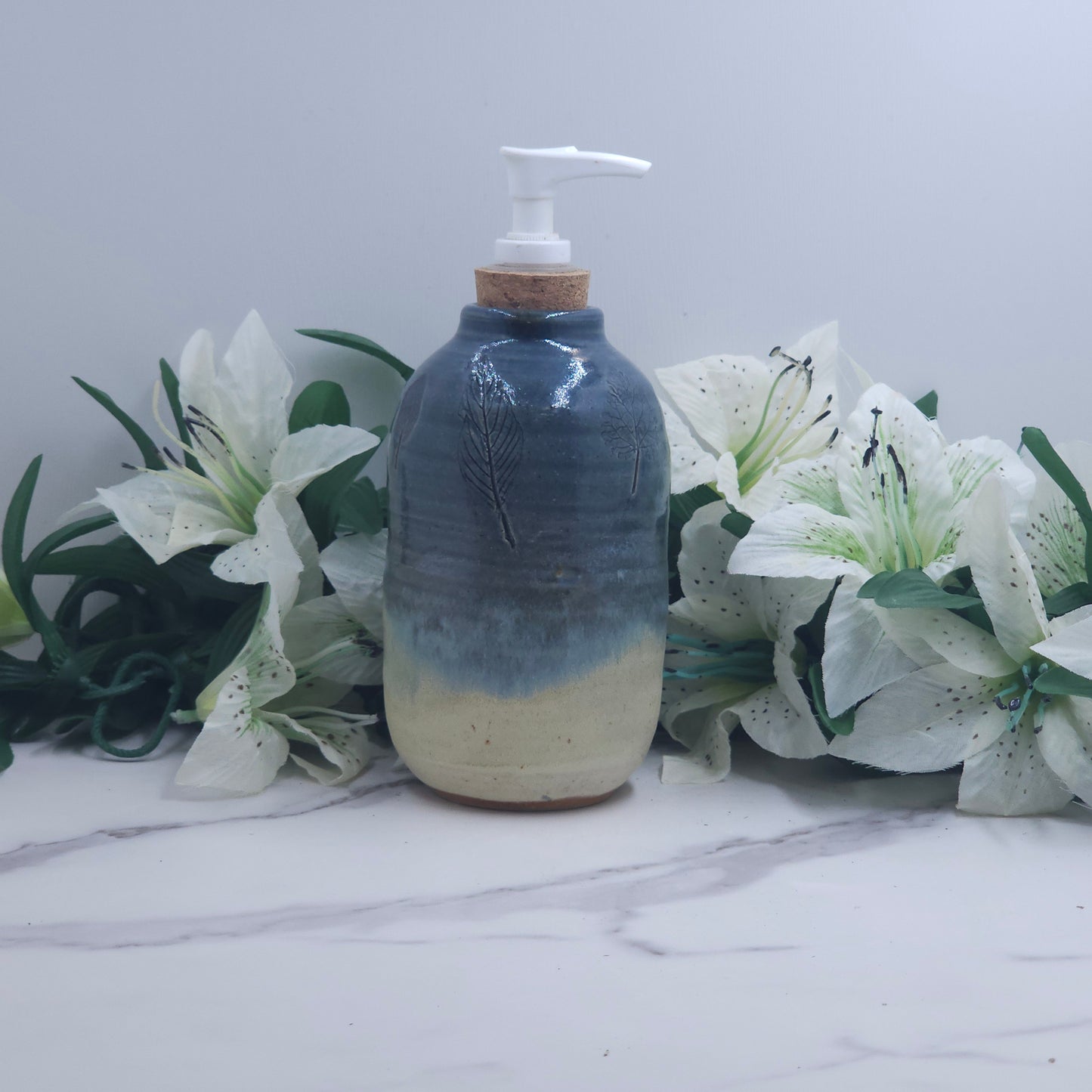 Soap Dispenser w/leaves handmade pottery