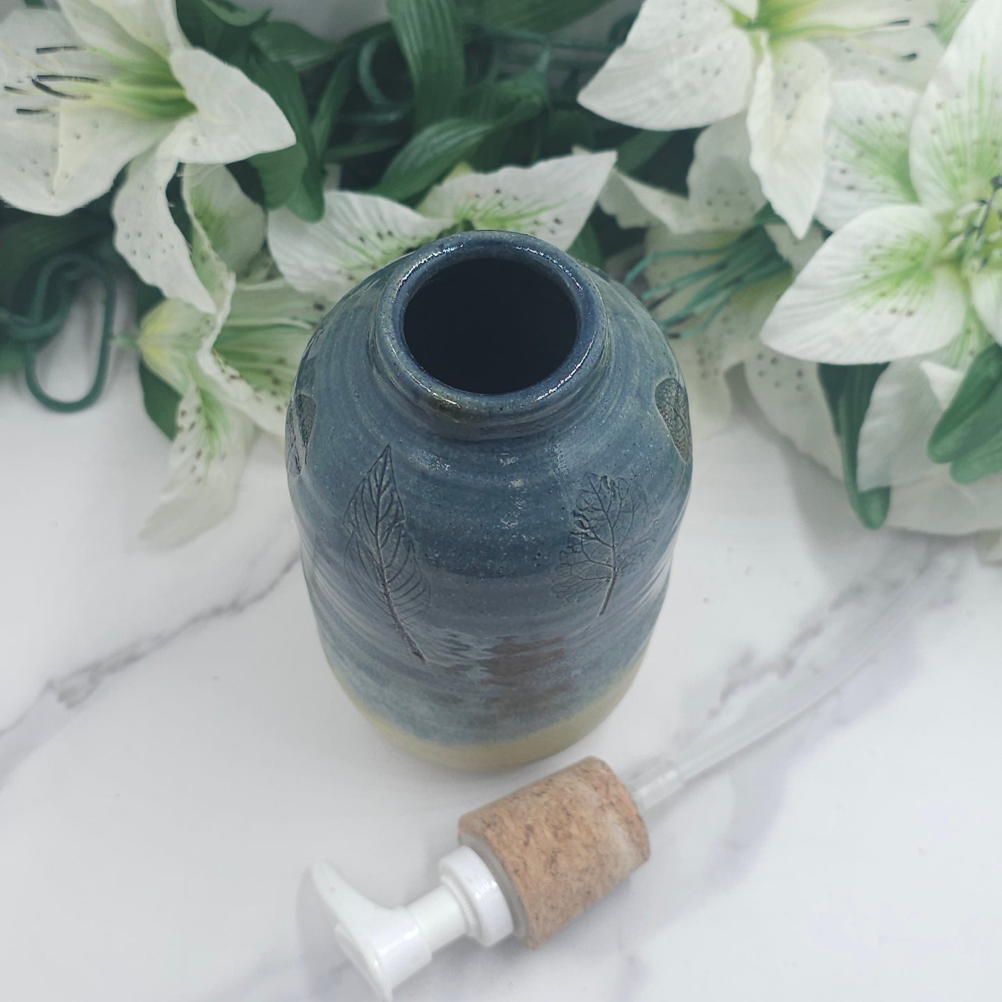 Soap Dispenser w/leaves handmade pottery