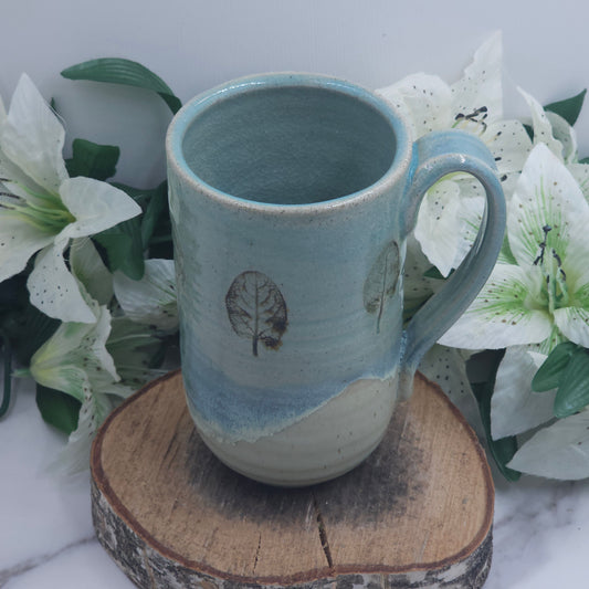 Tall Mug w/ Leaves handmade pottery