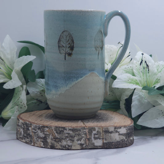 Tall Mug w/ Leaves handmade pottery