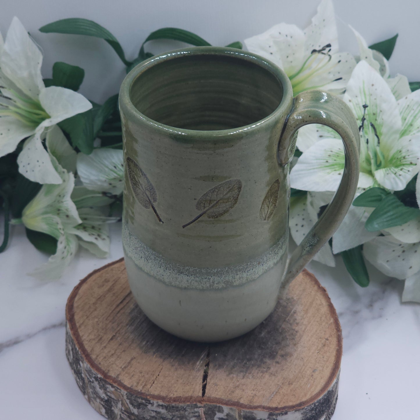 Tall Mug w/ Leaves handmade pottery