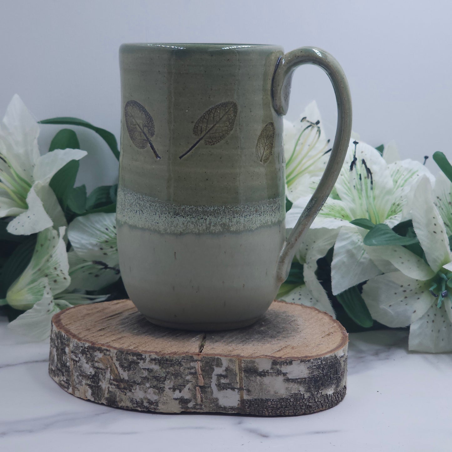 Tall Mug w/ Leaves handmade pottery
