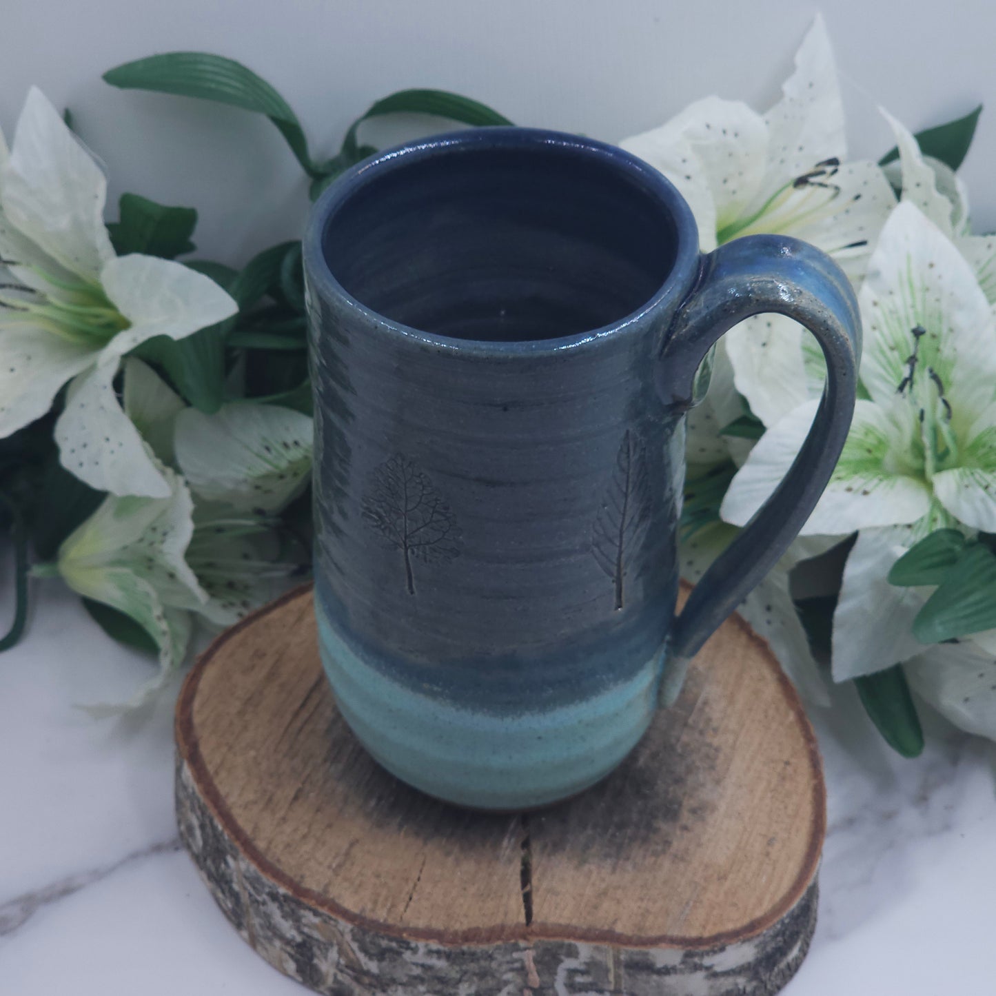 Tall Mug w/ Leaves handmade pottery