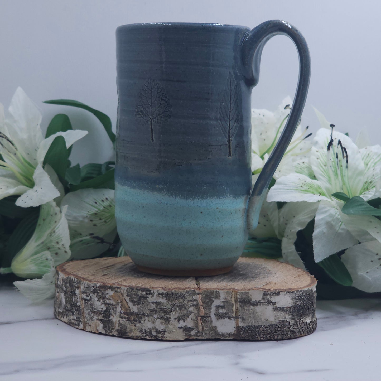 Tall Mug w/ Leaves handmade pottery