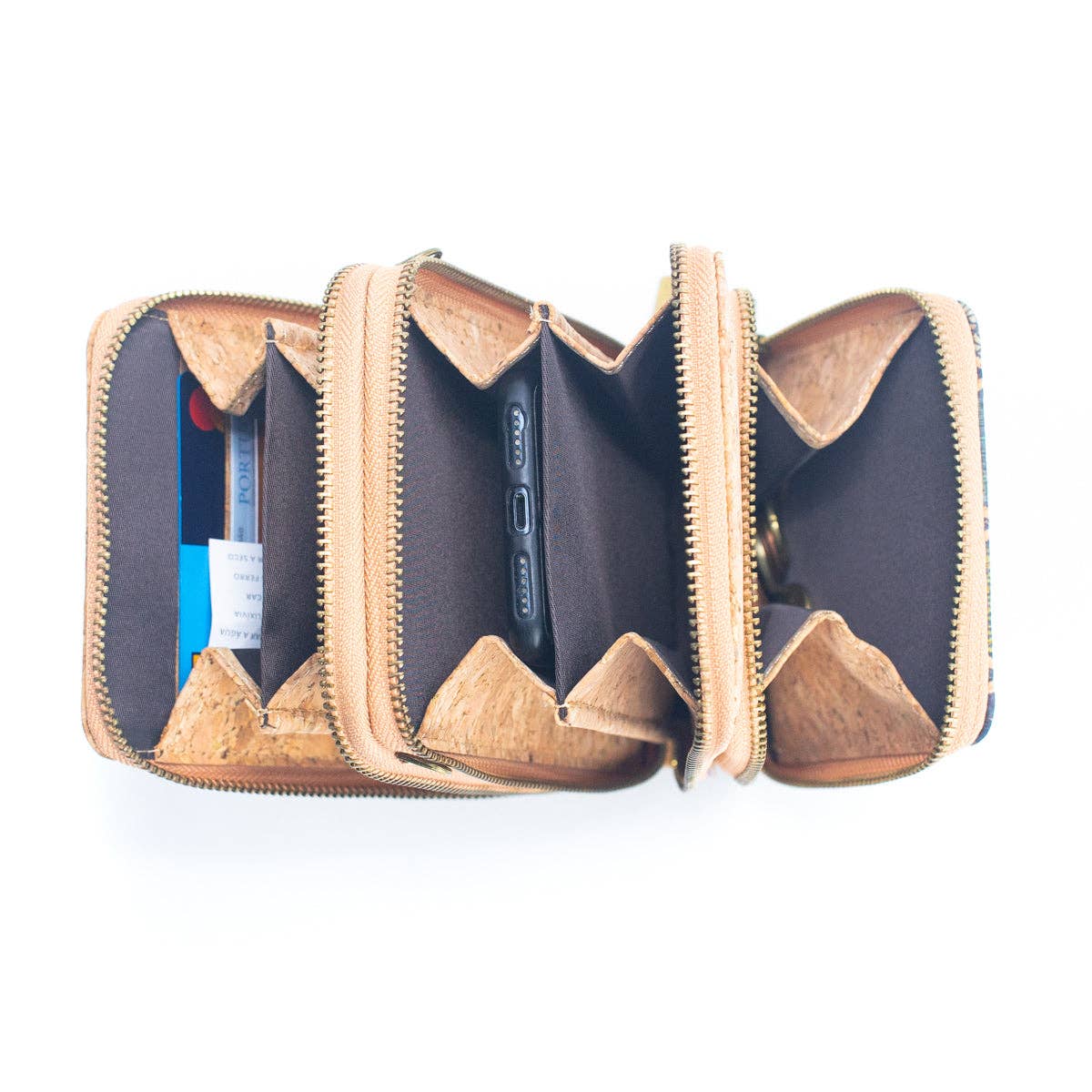 Natural Cork Crossbody Phone Bag with Triple Zipper Design