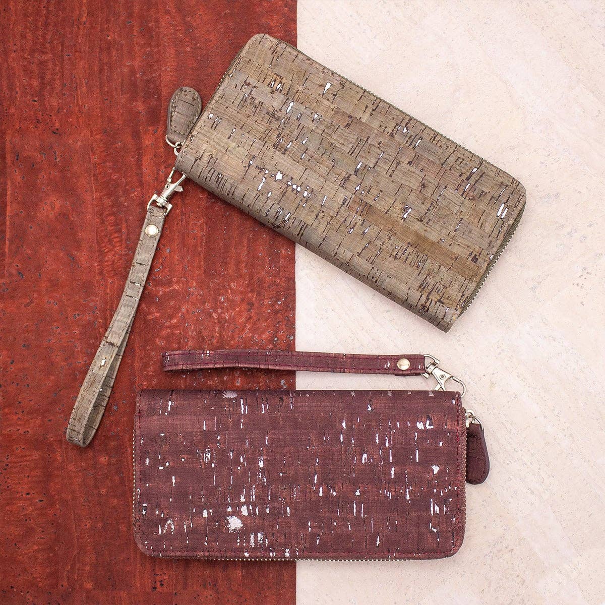 Brown mixed silver cork with accents card zipper Wallet