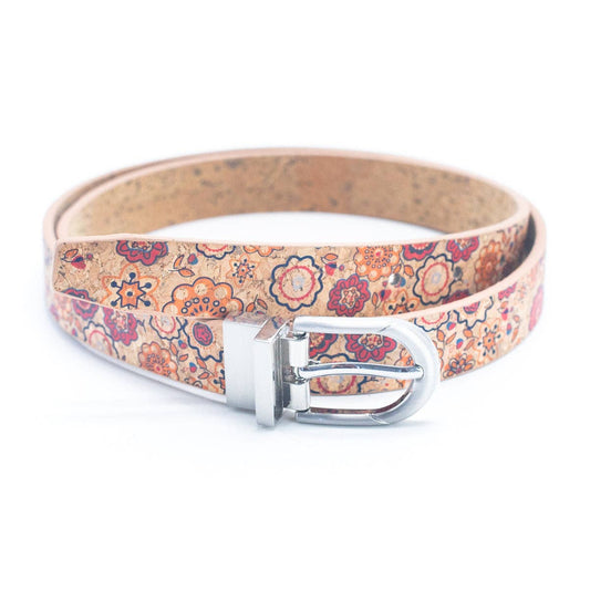 Floral Print Cork Women's Belt with Adjustable Buckle-Width