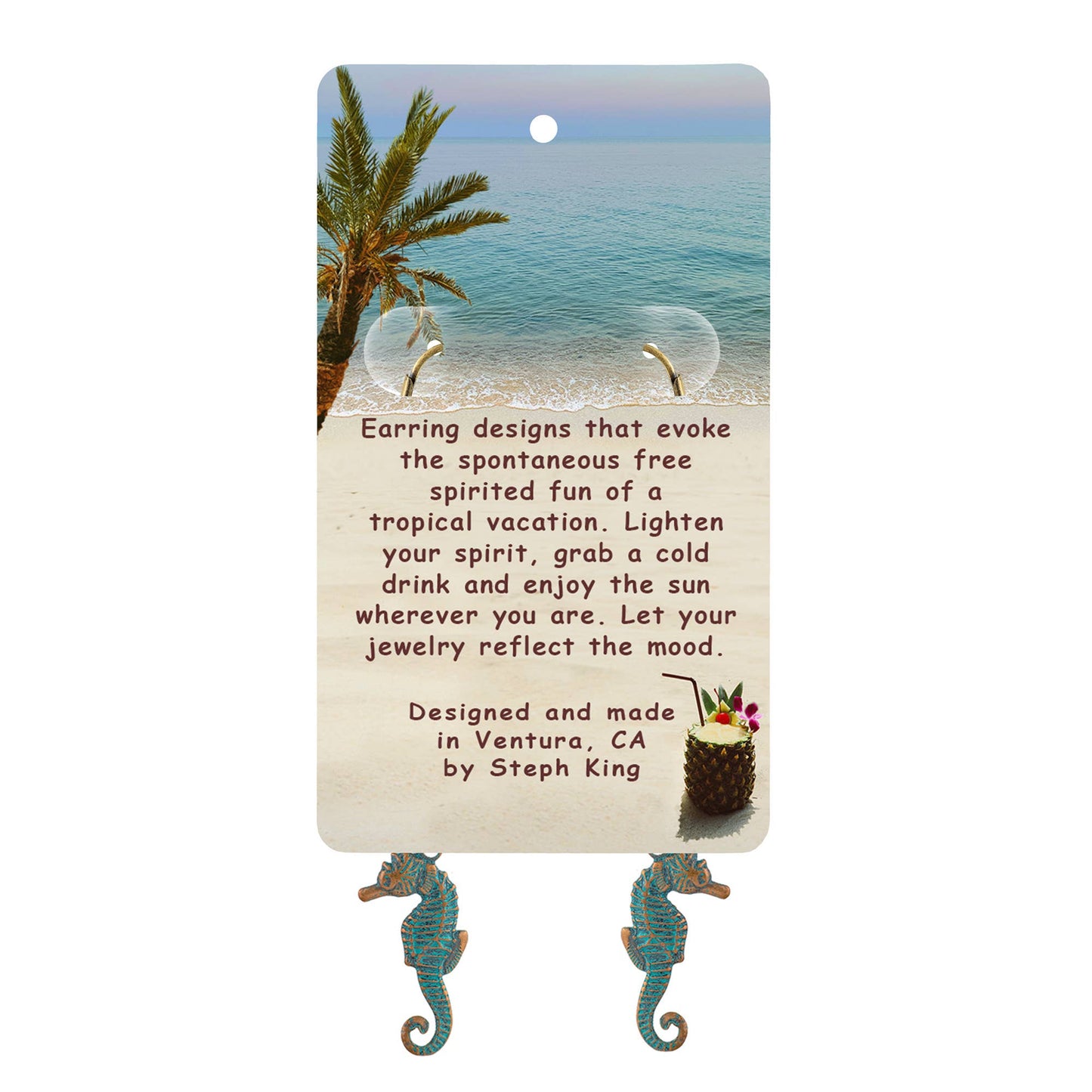 Seahorses and Shells Earrings w Crystals - Tropical Vacation