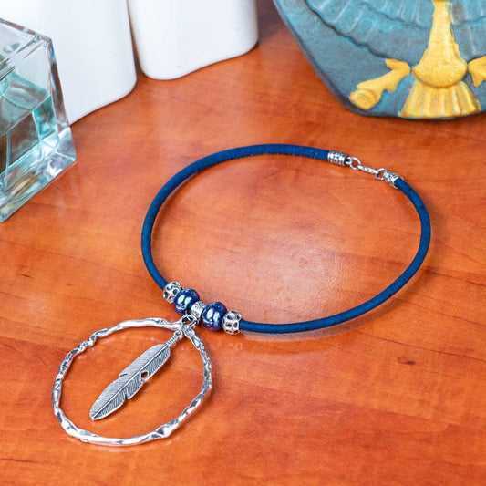 Feather cork necklace with colored cork cord & ceramic beads