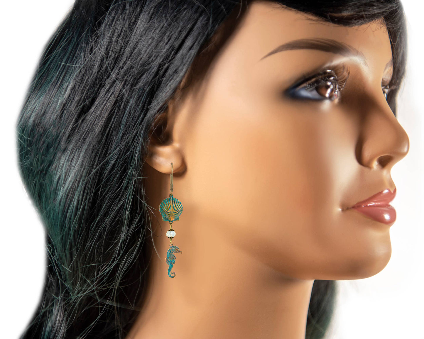 Seahorses and Shells Earrings w Crystals - Tropical Vacation