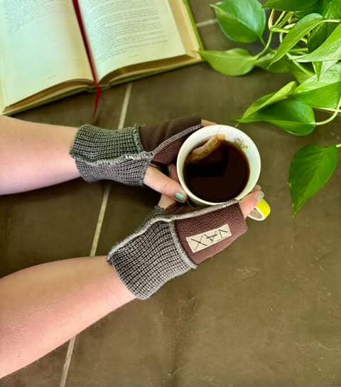 Fingerless Gloves Burgundy and Grey Upcycled from Sweater