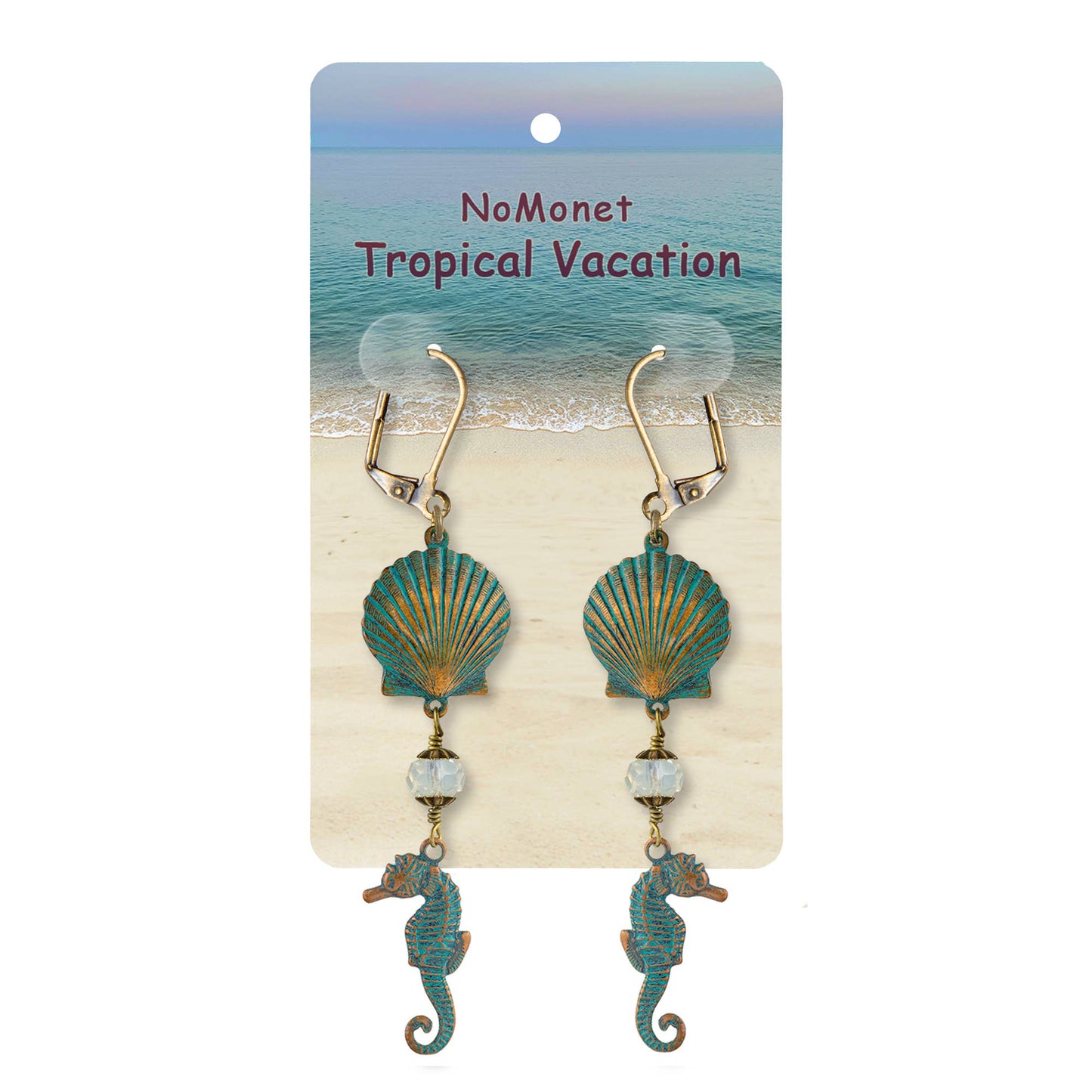 Seahorses and Shells Earrings w Crystals - Tropical Vacation