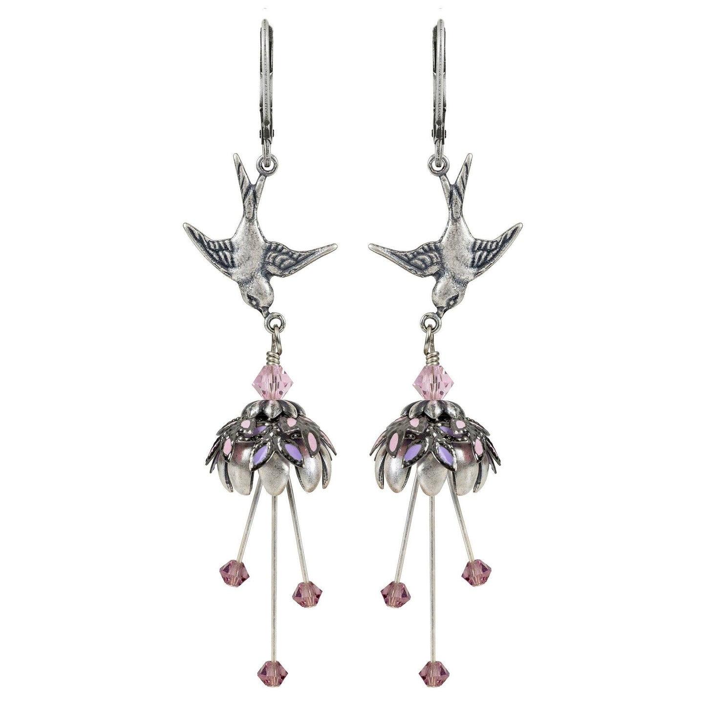 Floral Bird Hand Painted Earrings w/ Crystals - Flower Fairy