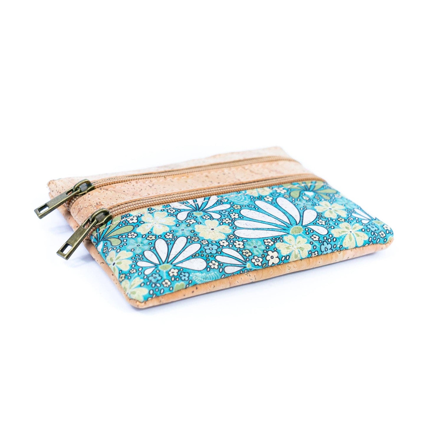 Chic Printed Cork Mini Wallet with Triple Zippers
