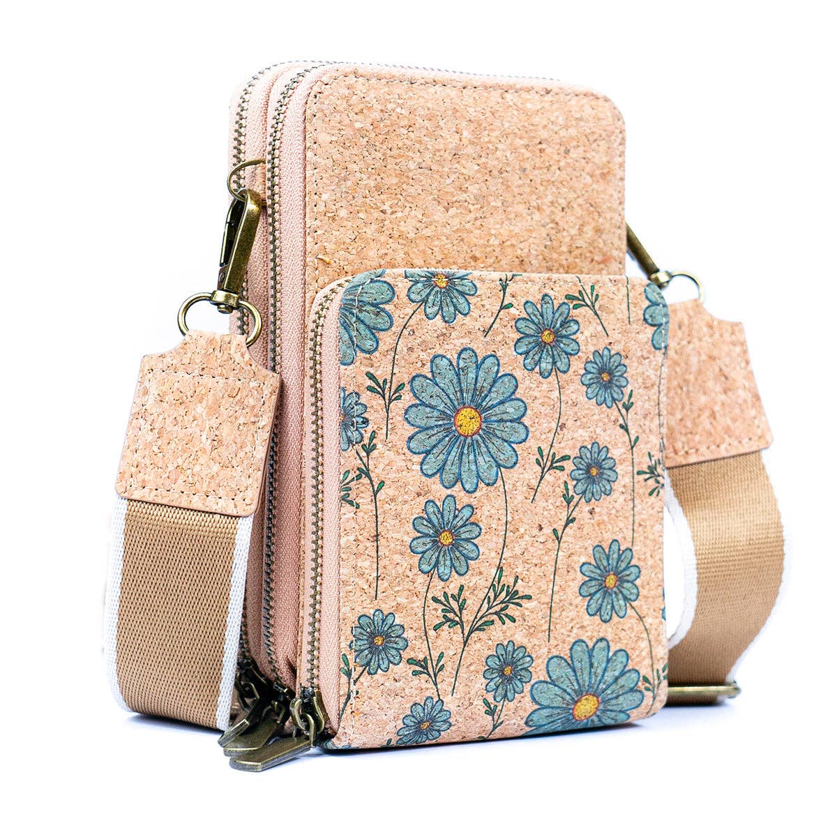 Natural Cork Crossbody Phone Bag with Triple Zipper Design