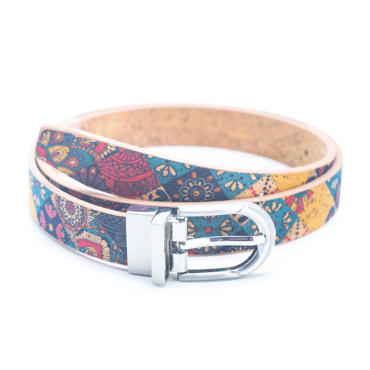 Floral Print Cork Women's Belt with Adjustable Buckle-Width