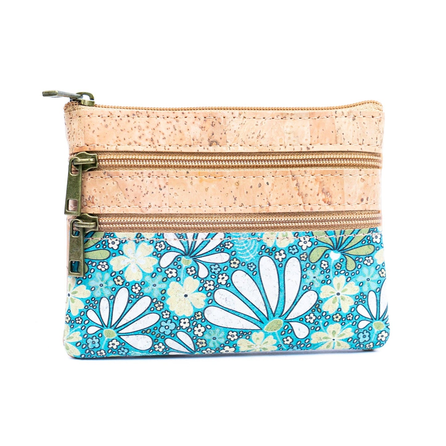 Chic Printed Cork Mini Wallet with Triple Zippers