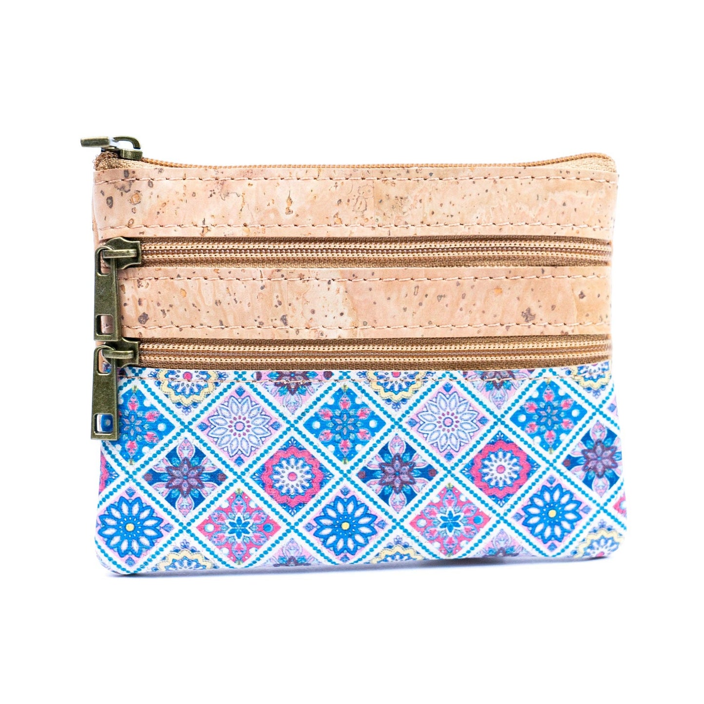 Chic Printed Cork Mini Wallet with Triple Zippers