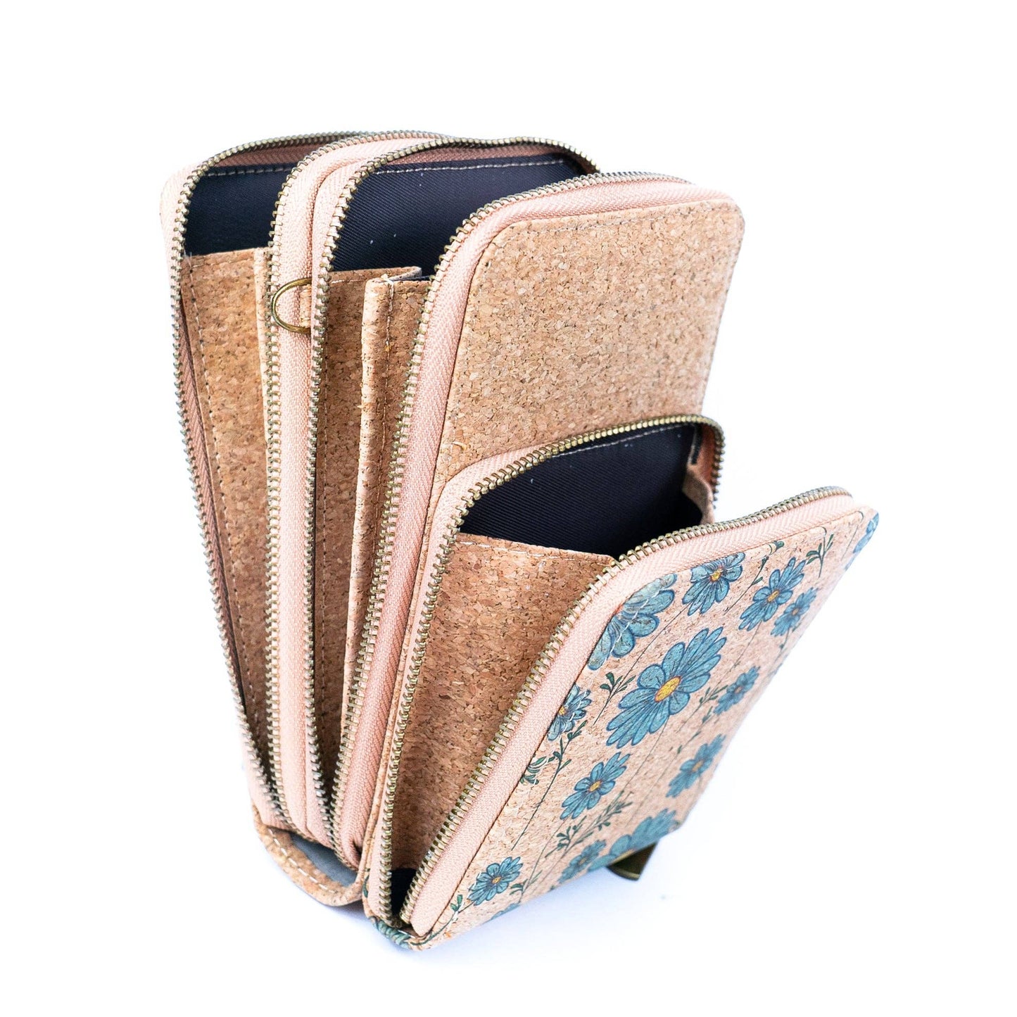 Natural Cork Crossbody Phone Bag with Triple Zipper Design