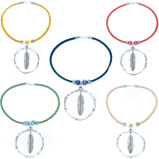 Feather cork necklace with colored cork cord & ceramic beads