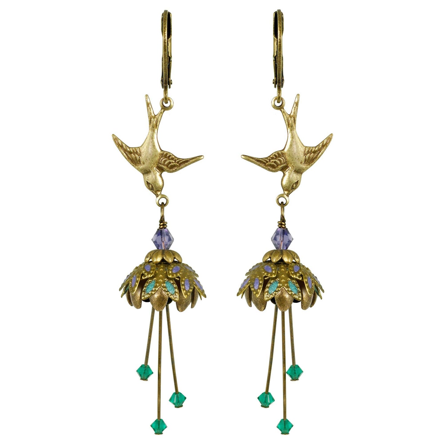 Floral Bird Hand Painted Earrings w/ Crystals - Flower Fairy