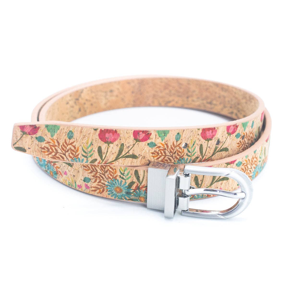 Floral Print Cork Women's Belt with Adjustable Buckle-Width