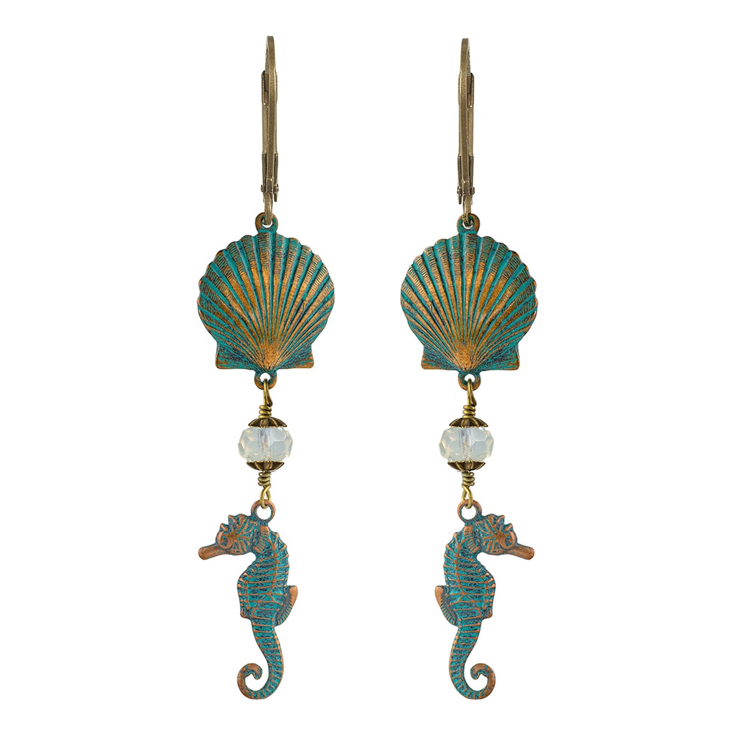 Seahorses and Shells Earrings w Crystals - Tropical Vacation