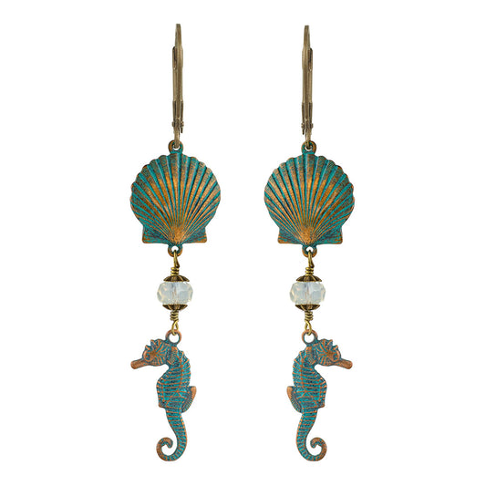 Seahorses and Shells Earrings w Crystals - Tropical Vacation