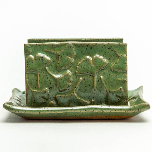 Ginkgo Patterned Green Ceramic Sponge Holder