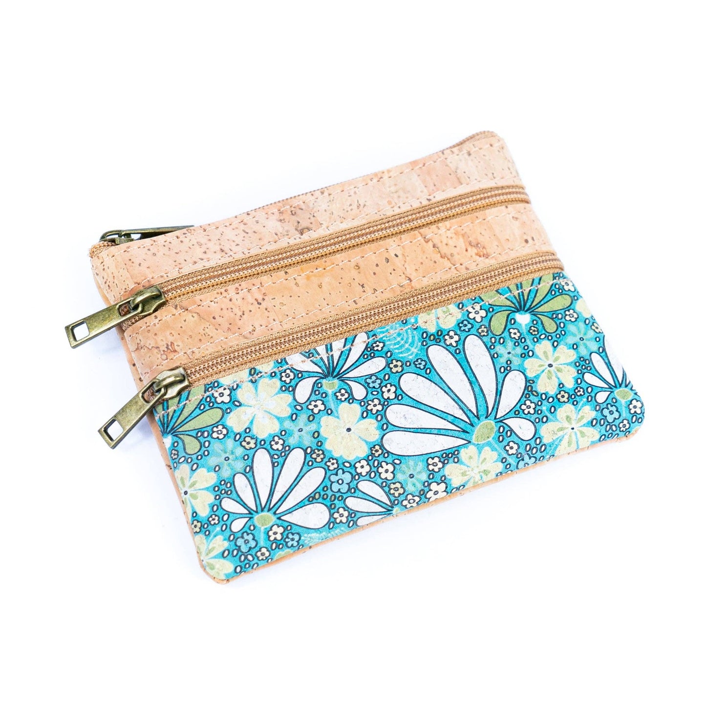 Chic Printed Cork Mini Wallet with Triple Zippers