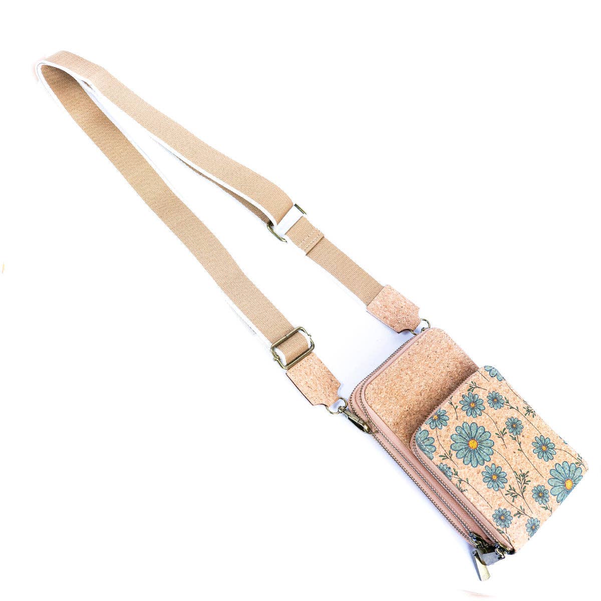 Natural Cork Crossbody Phone Bag with Triple Zipper Design