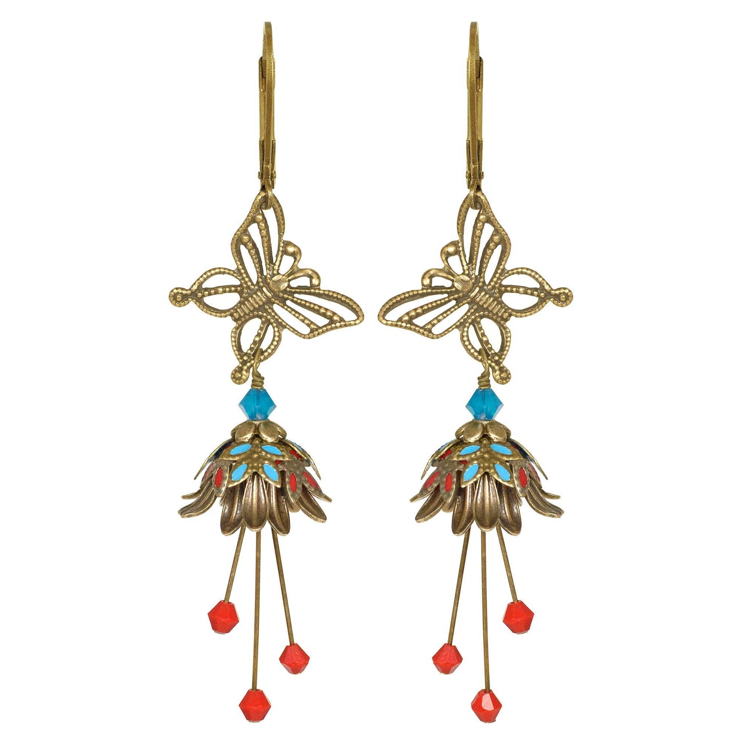 Butterfly Nature Painted Earrings w Crystals - Flower Fairy