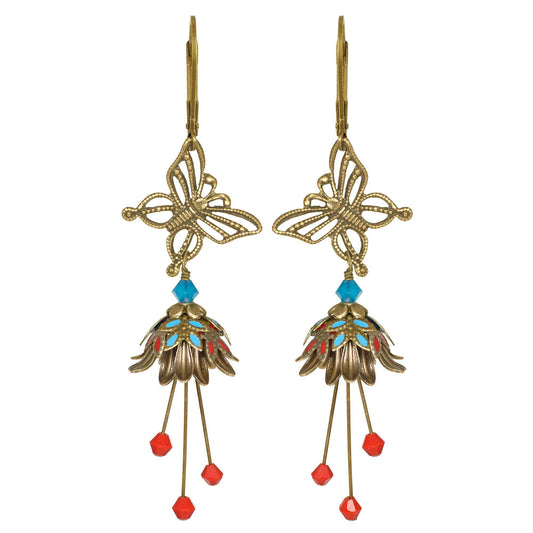 Butterfly Nature Painted Earrings w Crystals - Flower Fairy