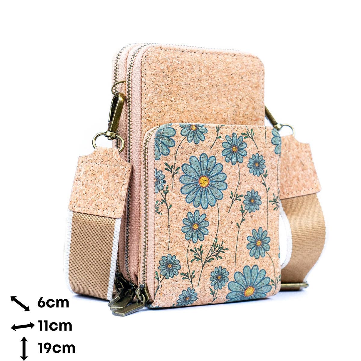 Natural Cork Crossbody Phone Bag with Triple Zipper Design